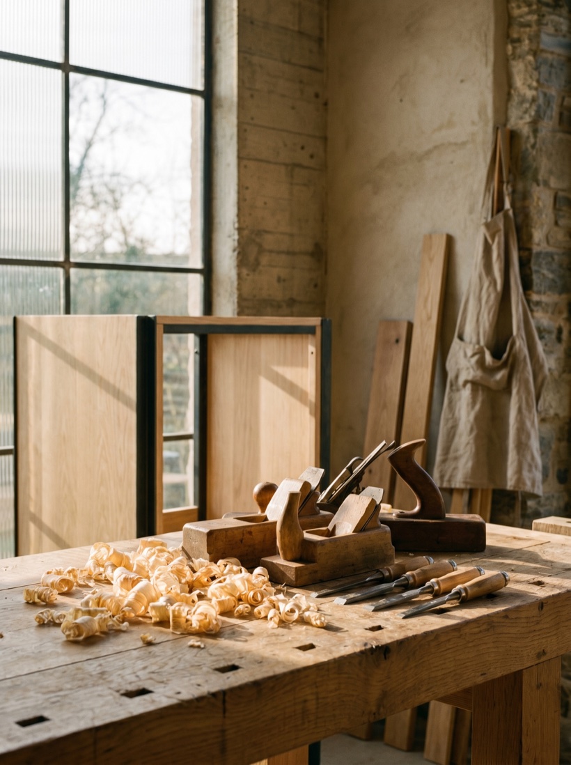 A joiner's workshop in warm light — hand tools, fresh-planed oak shavings, a half-finished cabinet on the bench