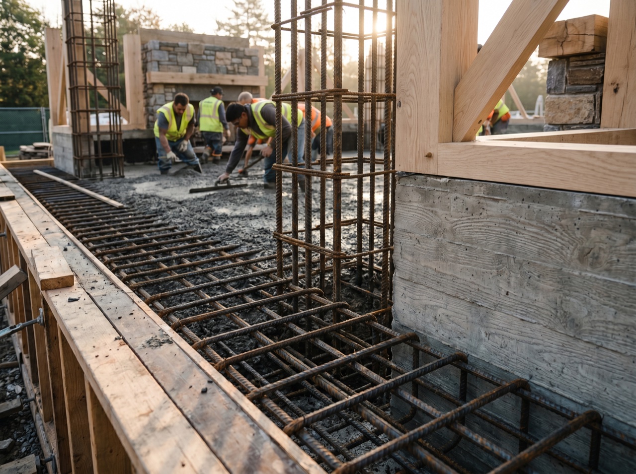 Steel reinforcement and poured concrete on an active site
