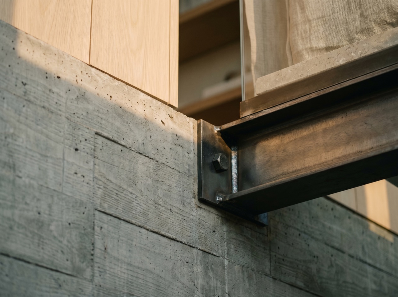 A close detail of welded steel and structural concrete