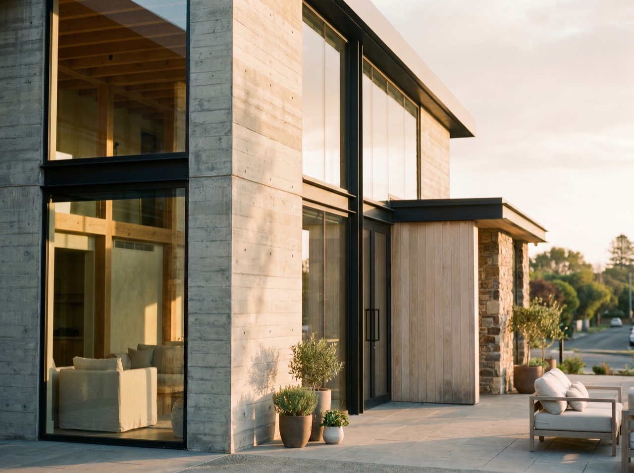 A completed commercial build at golden hour