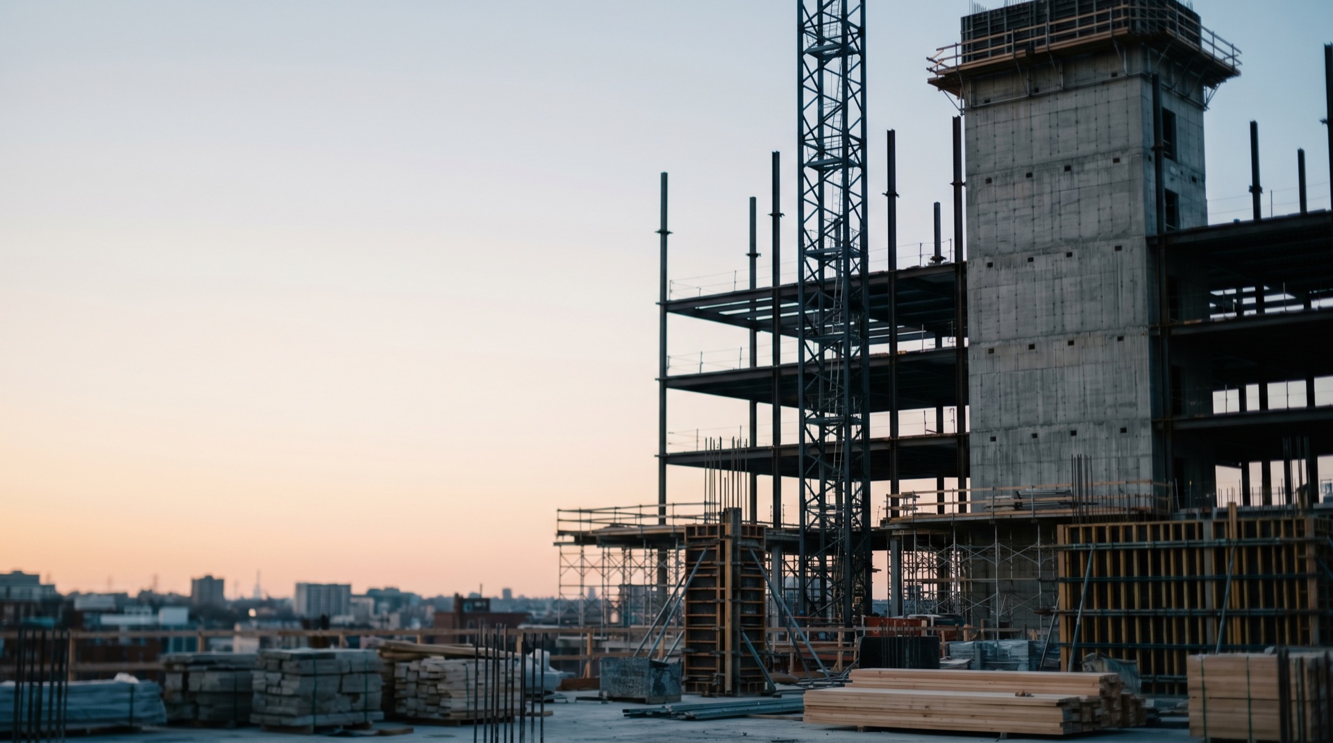 A construction site at first light, steel and concrete against a clear sky