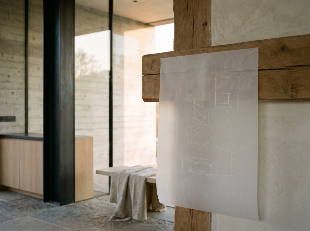A drawing overlaid on the early framing of a build