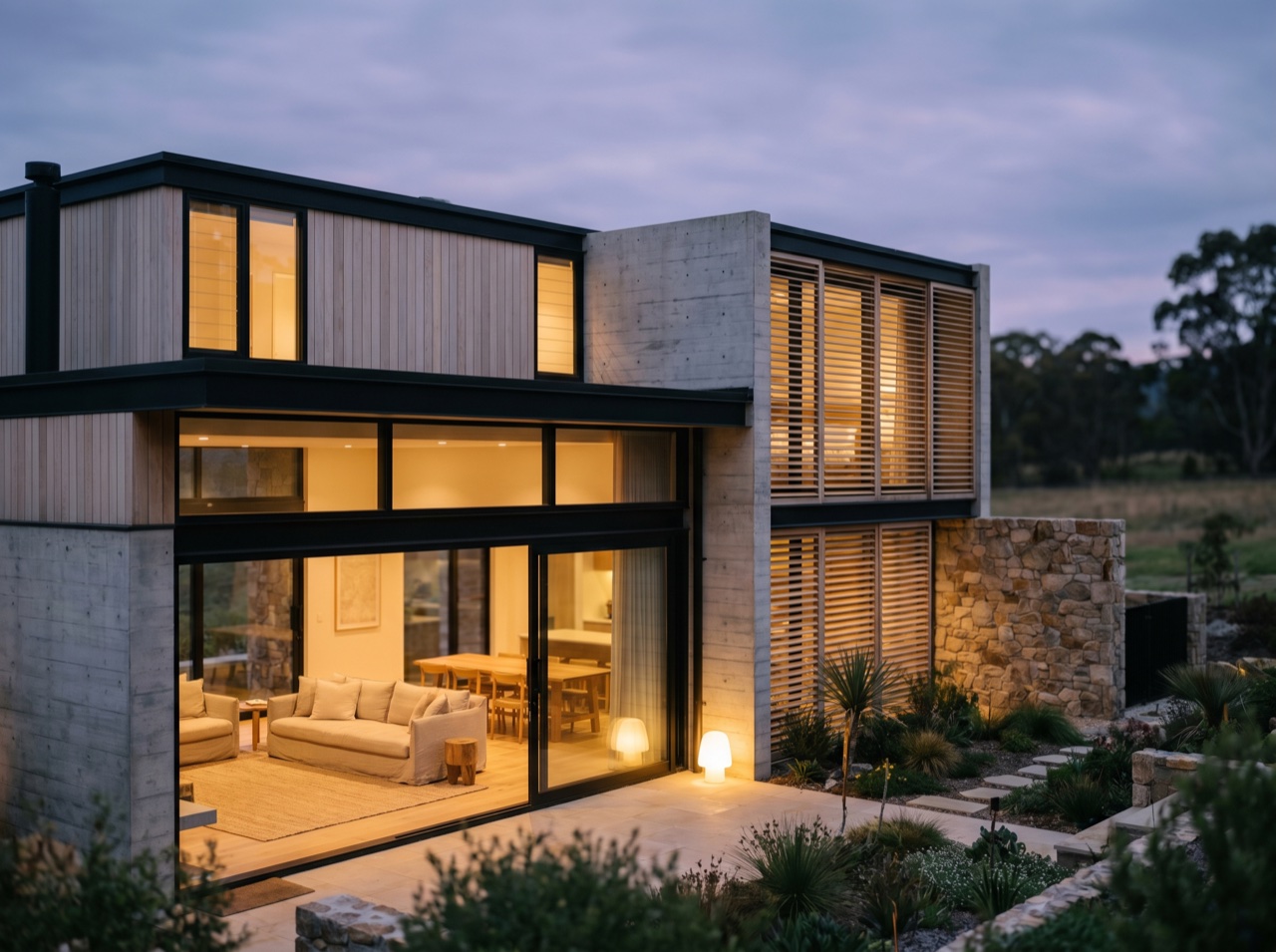 A completed design-build home glowing at dusk