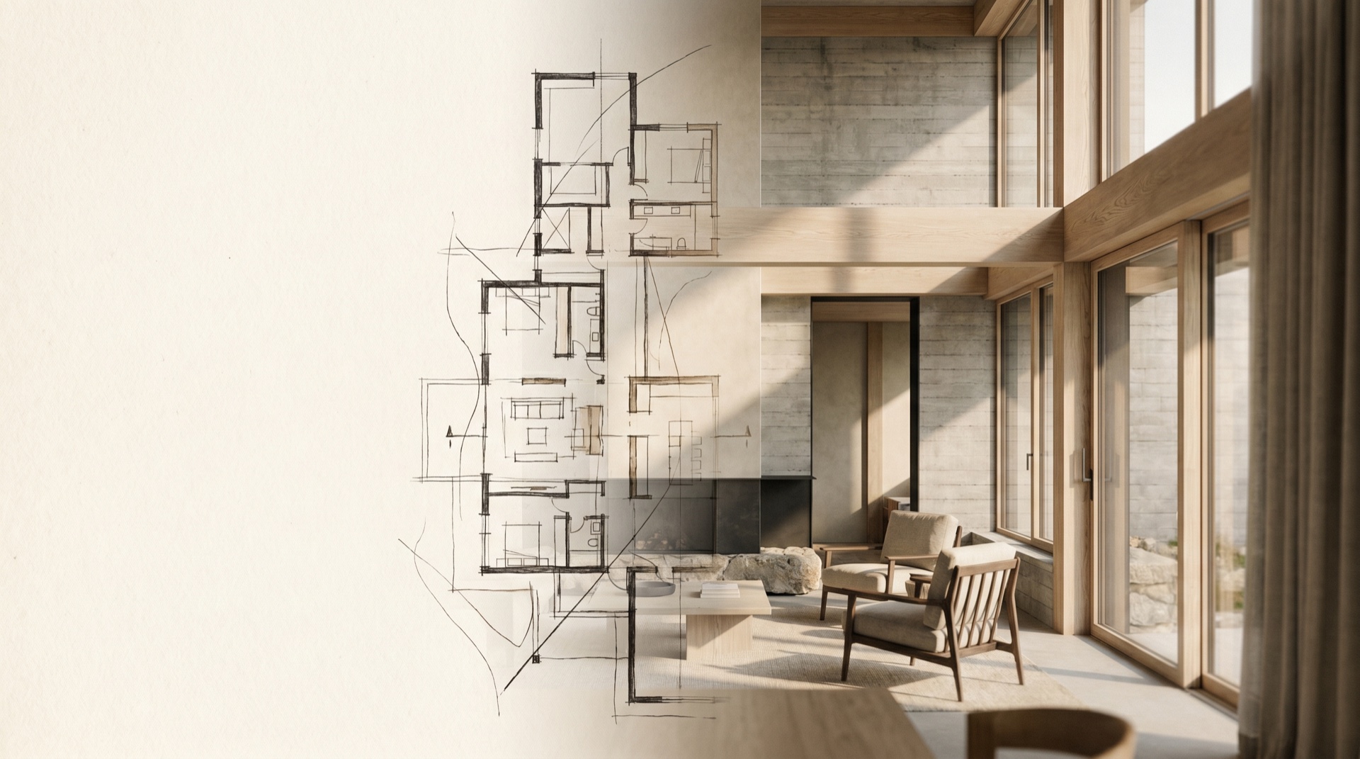 A blueprint resolving into a finished interior, drawing and built space layered in one frame