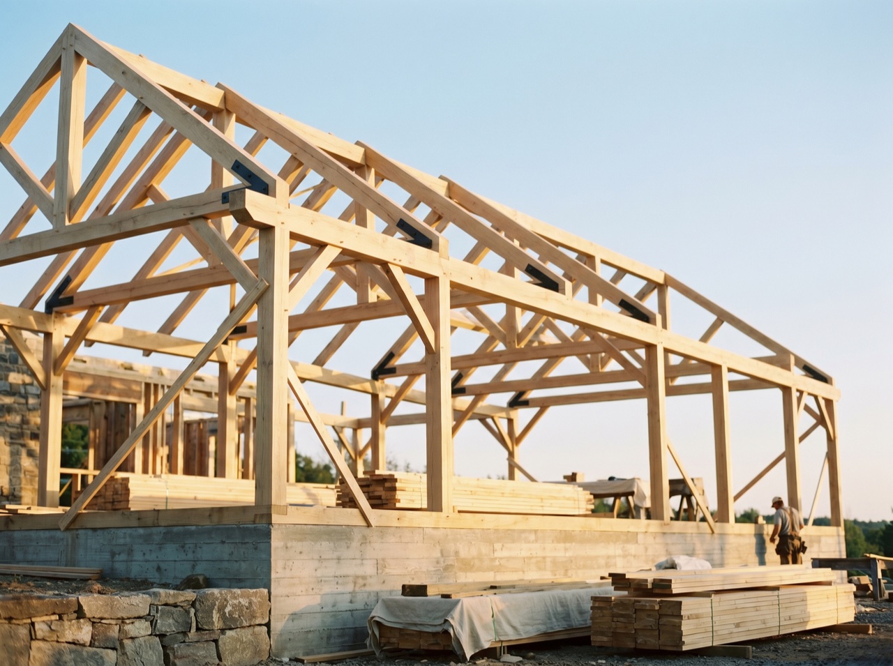 A timber-framed structure under construction in daylight