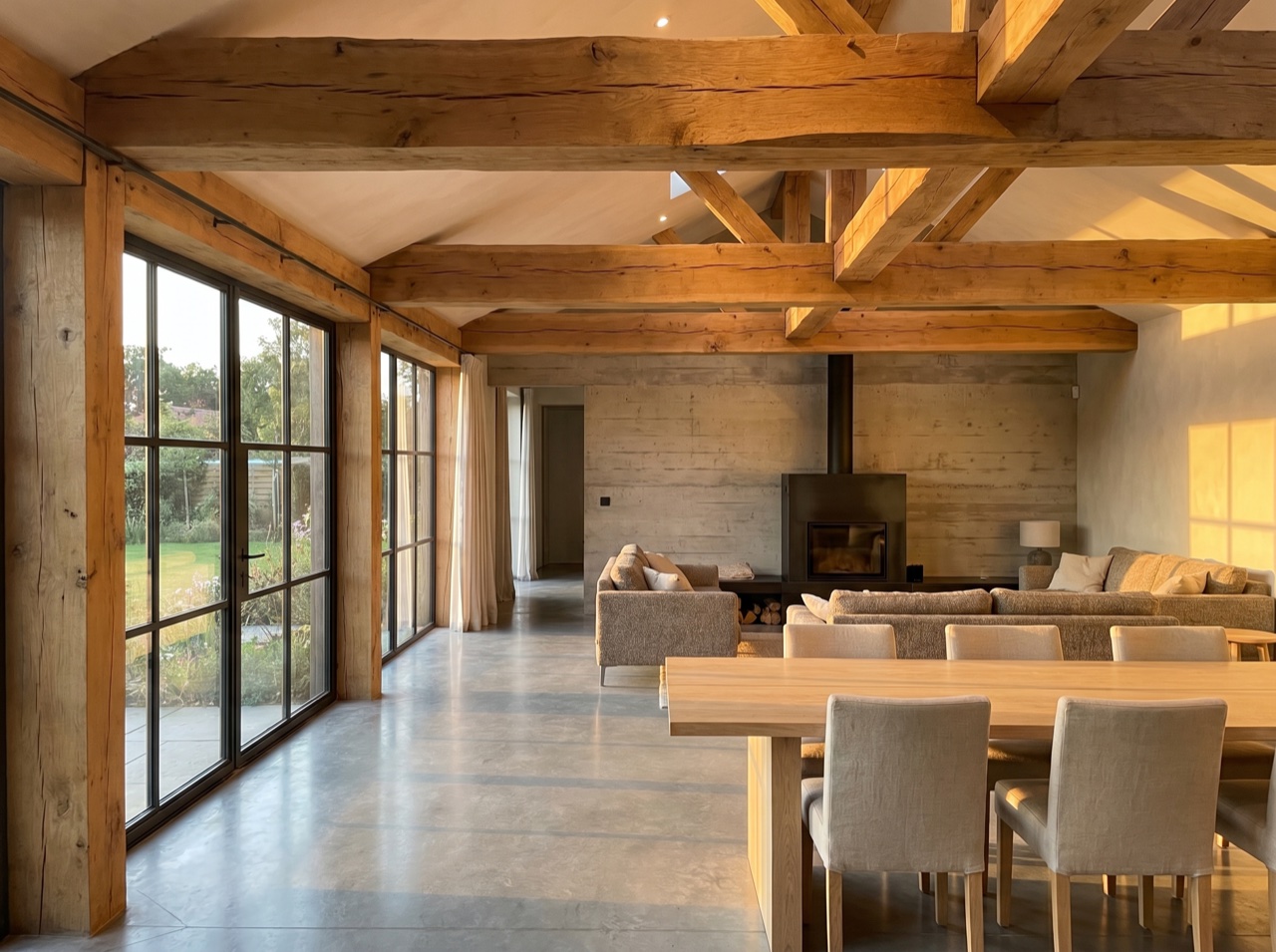 A finished open-plan interior with raw timber and concrete