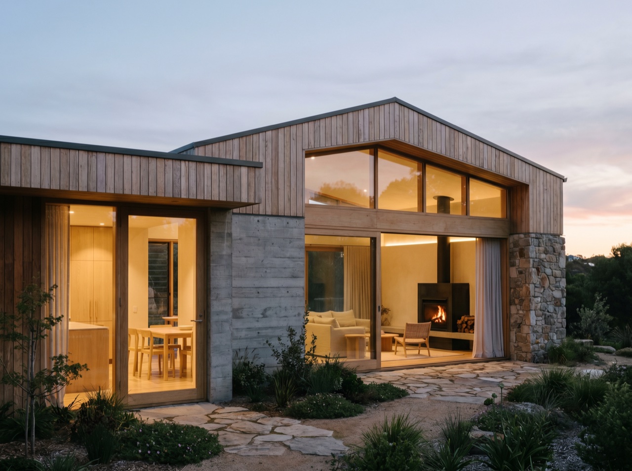 A completed home glowing warmly at dusk