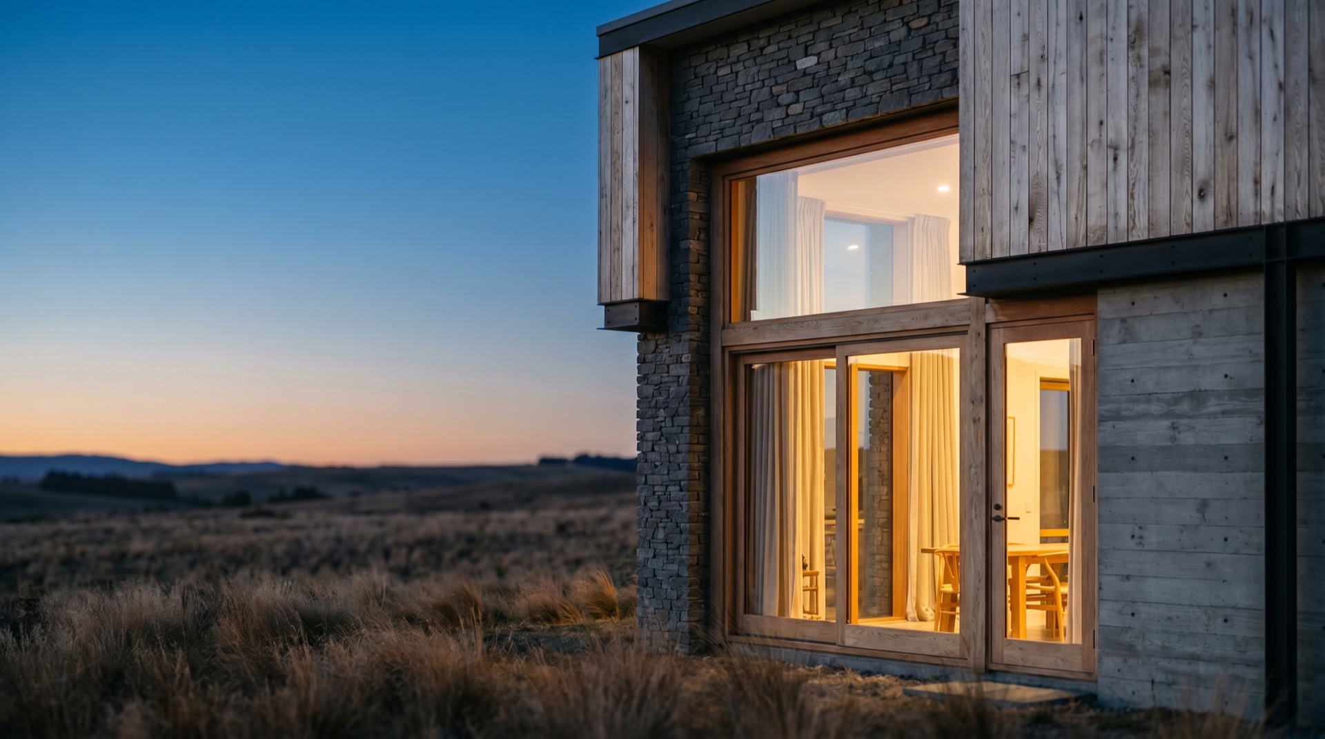 A handsome new-build home at dusk in clean timber and stone, warm interior light