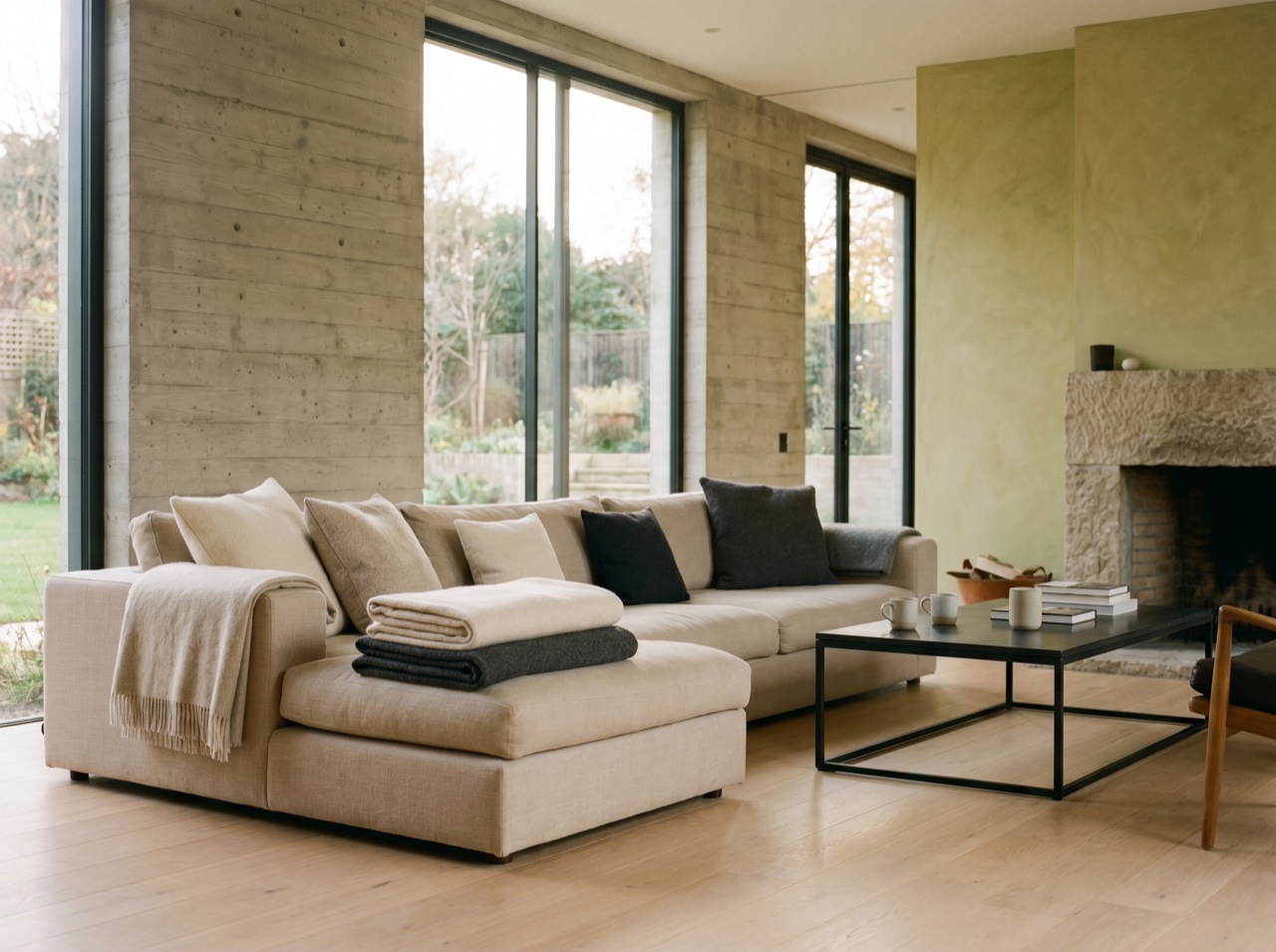 A styled living room with layered textiles in soft daylight