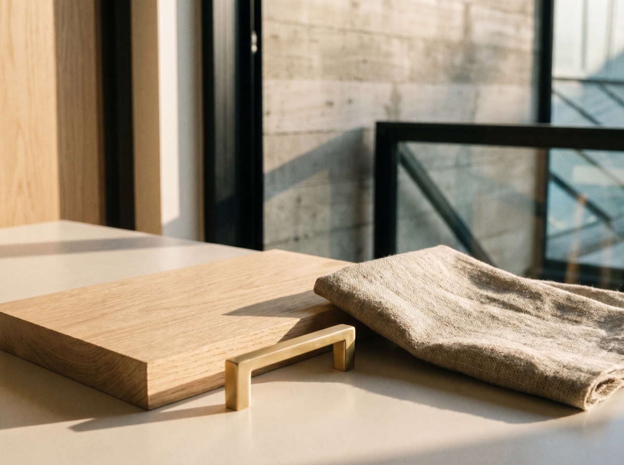 A close detail of oak, brass and woven textile in warm light