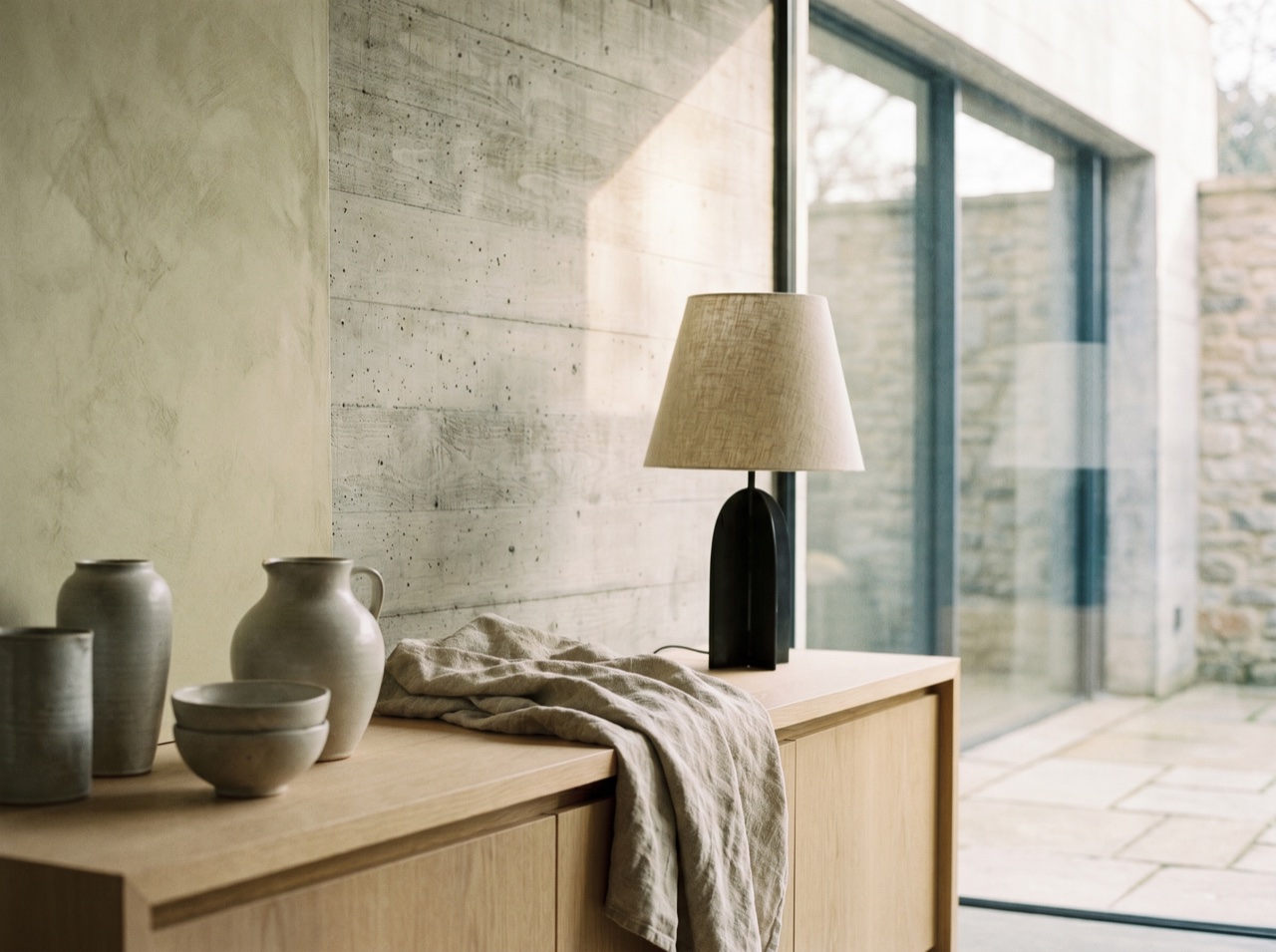A styled vignette of objects, textiles and a lamp in soft light