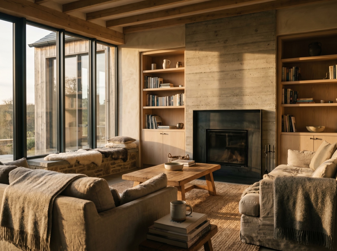 A finished interior glowing warmly at golden hour