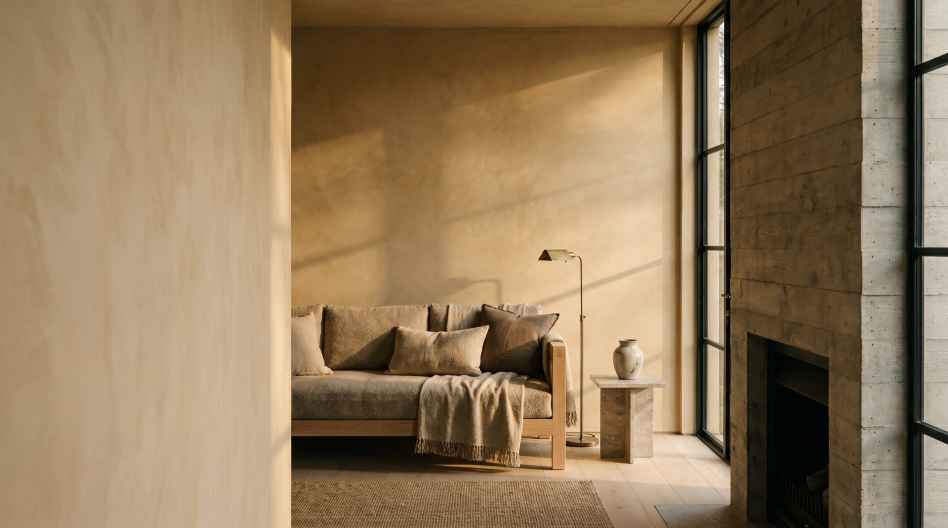 A warm, composed interior with layered textiles, oak and brass in soft afternoon light
