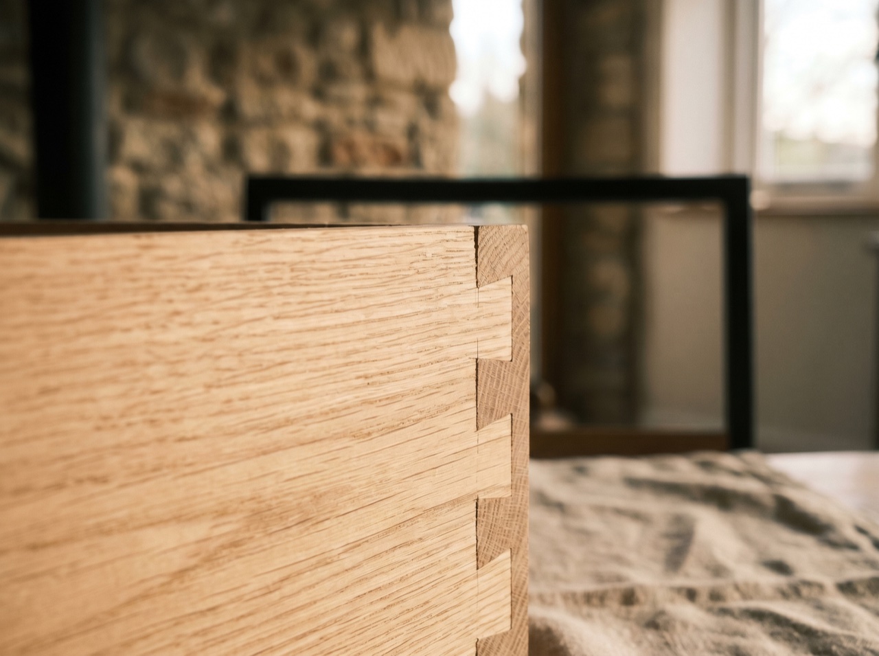 A close detail of a hand-cut dovetail joint in oak
