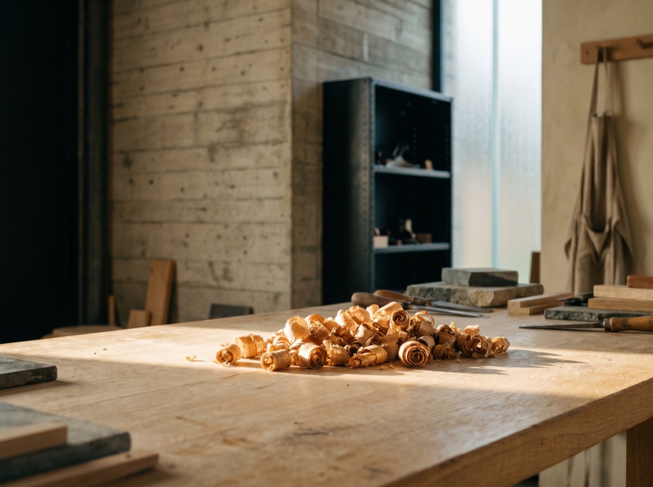 Fresh-planed oak shavings catching warm workshop light