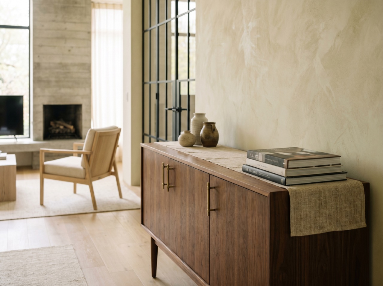 A finished bespoke cabinet in a warm, styled interior