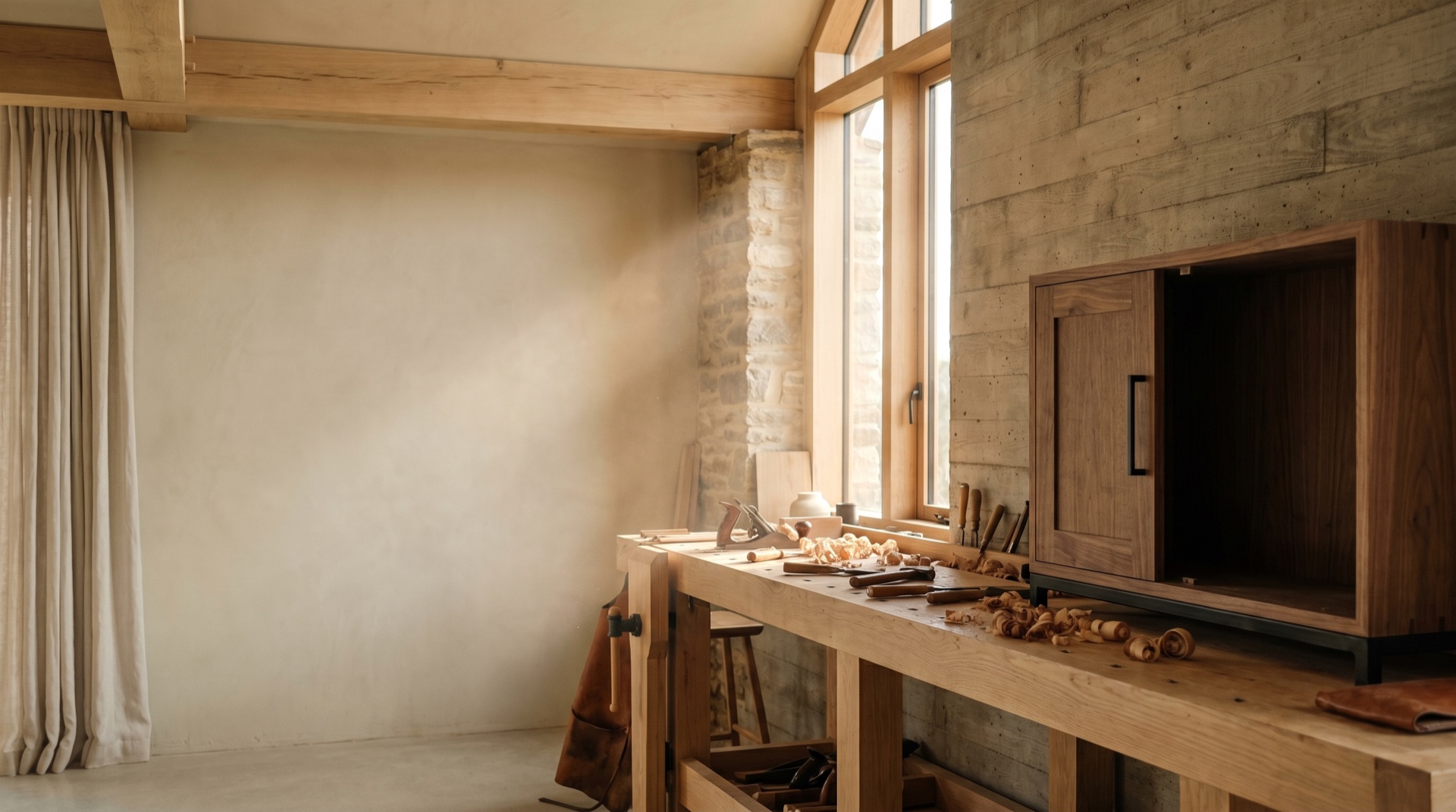 A joiner's workshop in warm light, hand tools and fresh-planed oak, a half-finished cabinet