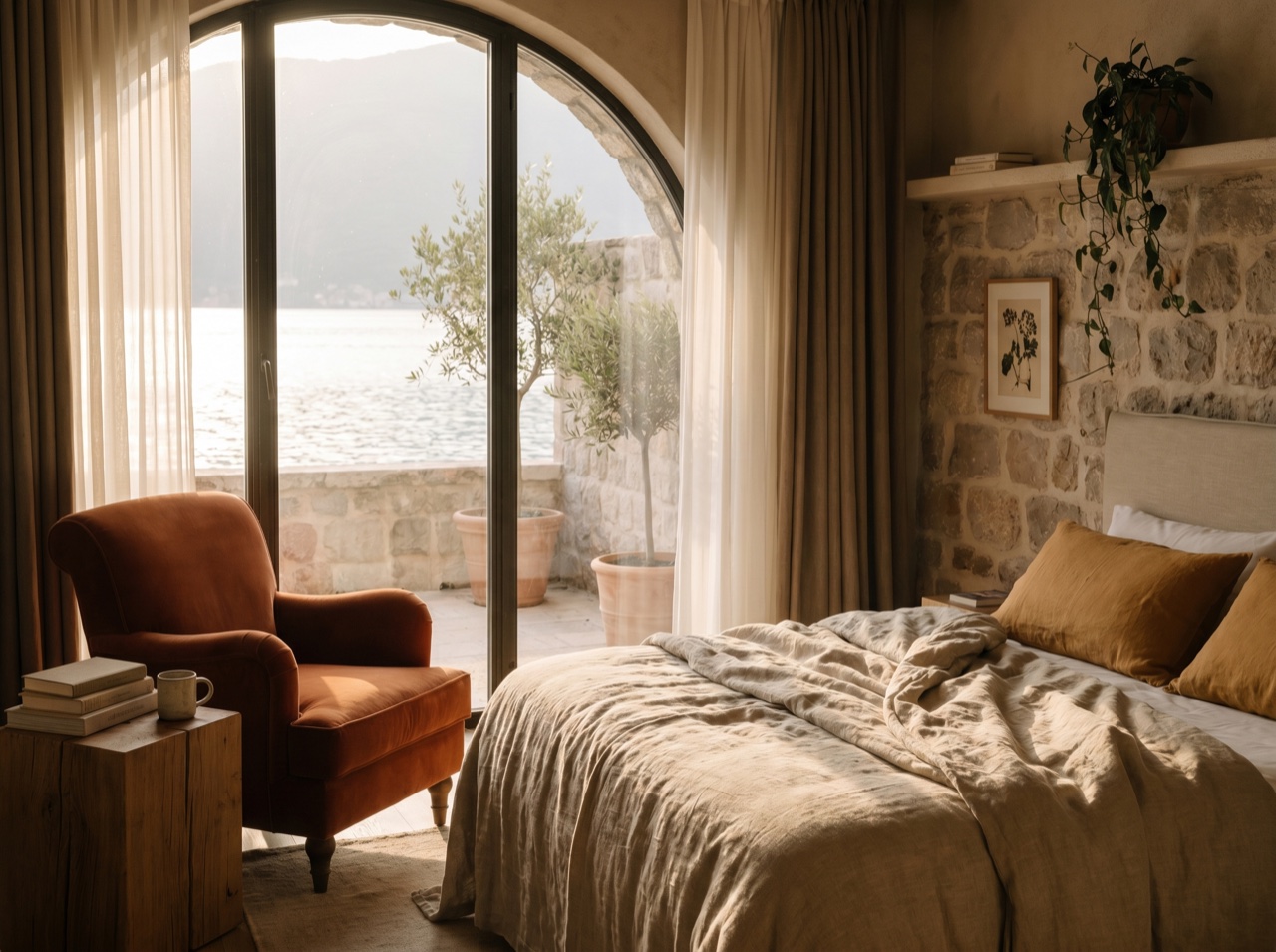 A characterful boutique hotel room with warm textures