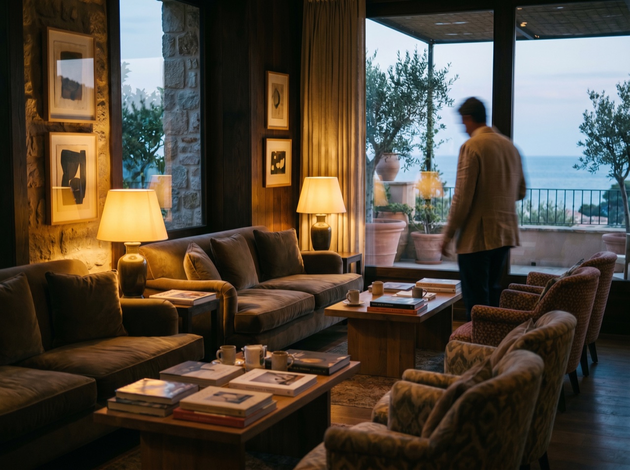 An intimate hotel lounge in warm lamplight