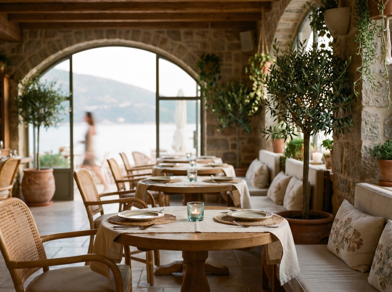 A boutique hotel dining room set in warm light