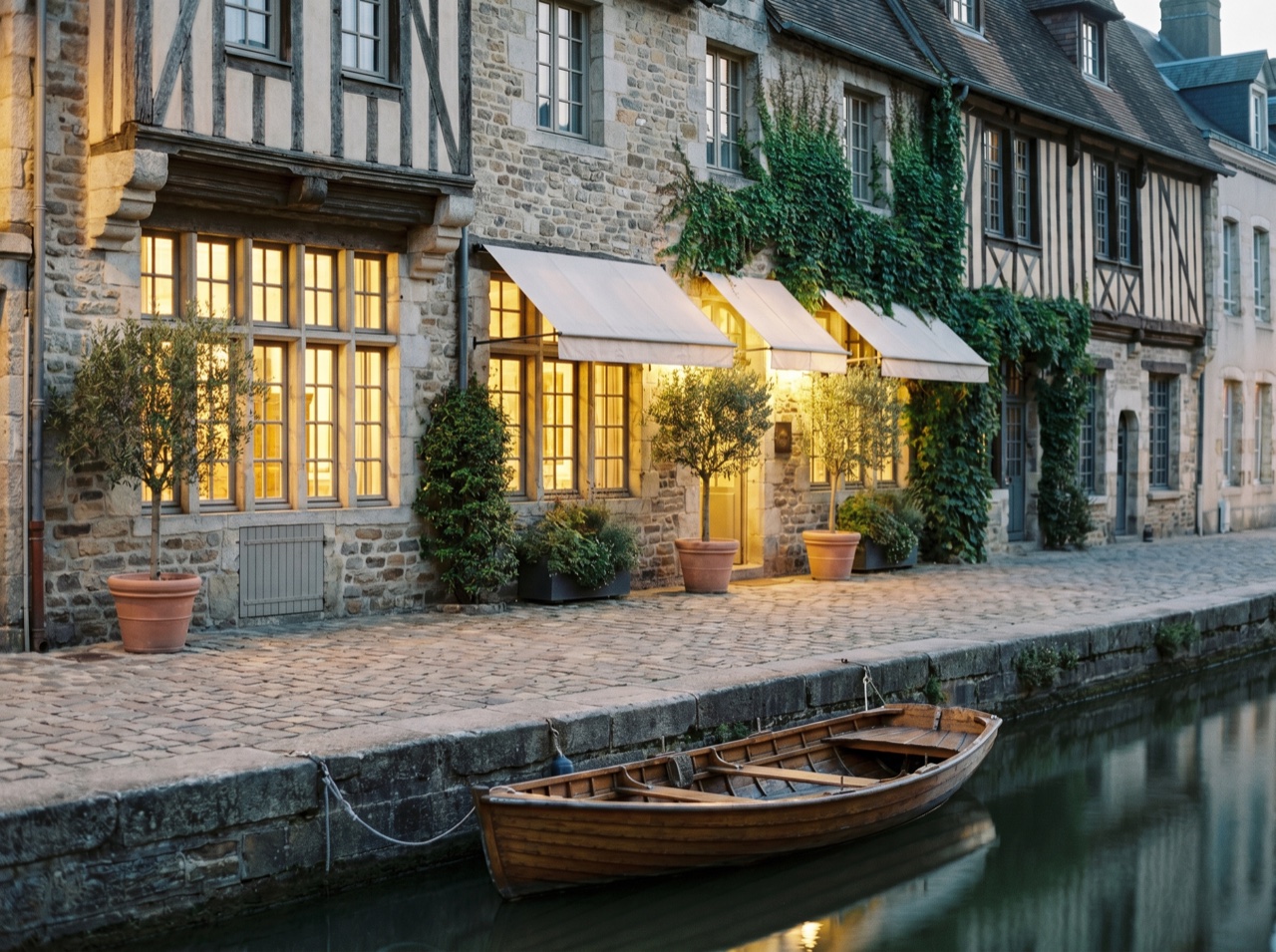 A boutique hotel facade at dusk, warm windows glowing