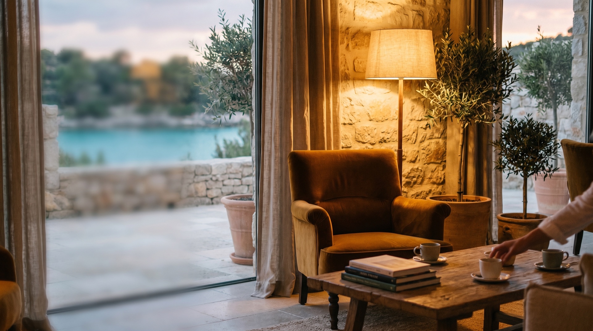 A cinematic hospitality interior at golden hour, generated in the UOVA studio