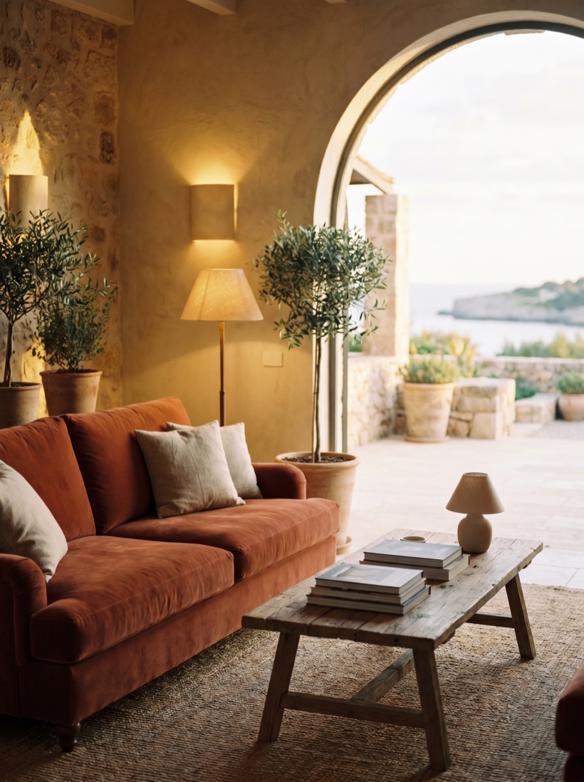An intimate boutique hotel lounge with warm textures and soft lamplight, characterful and inviting