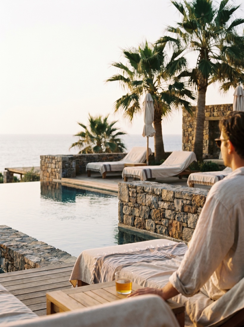 A luxury resort pool terrace at golden hour, palms and loungers, warm and serene