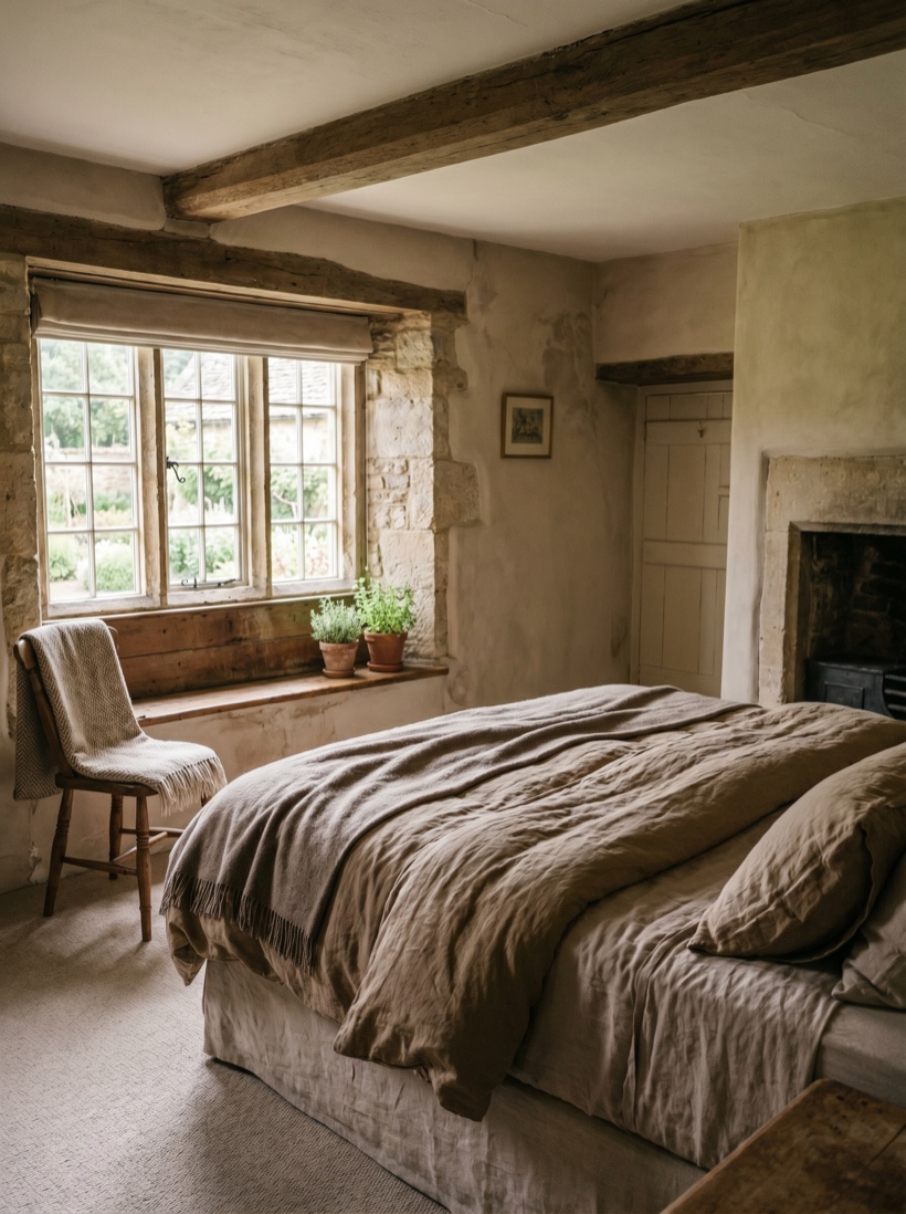 A cosy country inn bedroom with warm linens and morning light through the window, intimate and welcoming