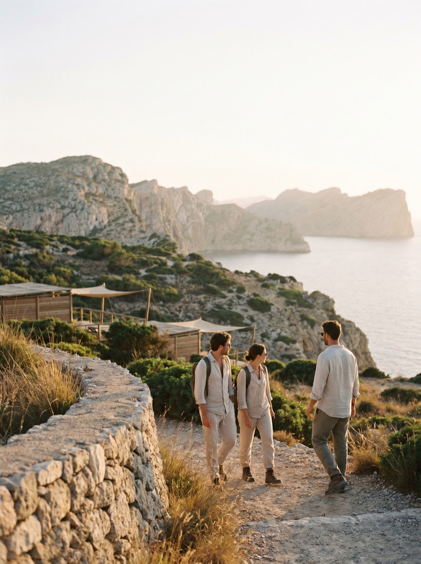 A small group on a coastal hike at golden hour, an open landscape ahead, warm and adventurous