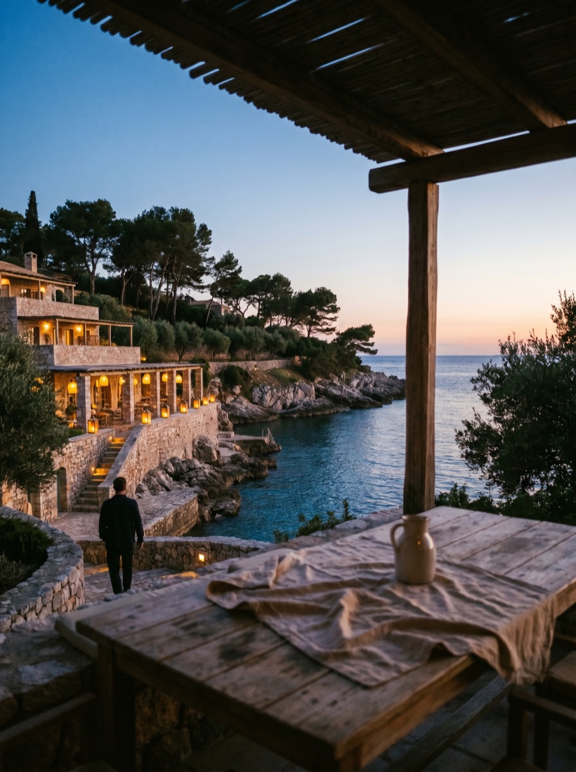 A cinematic destination vista at blue-hour dusk, warm lights against the sky, evocative and editorial