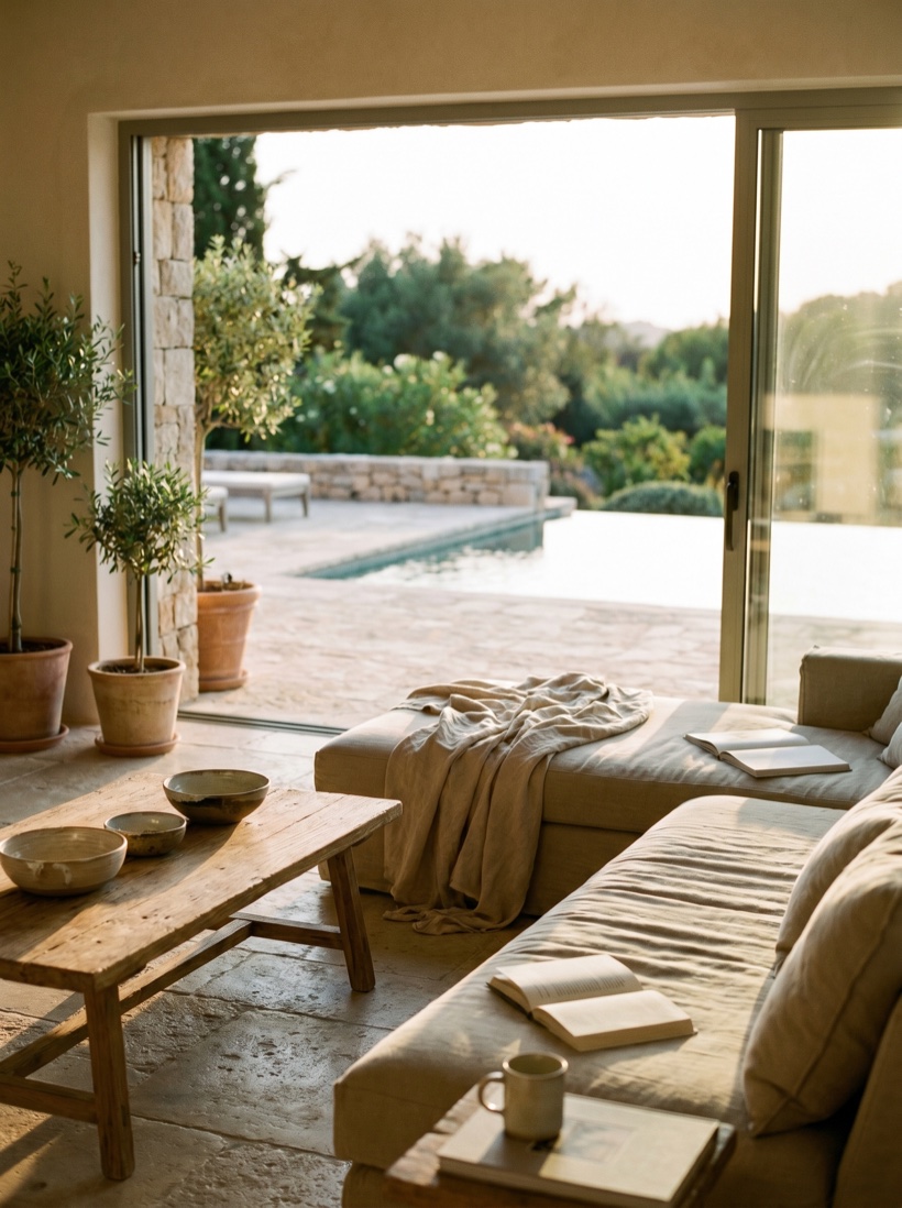 A private villa interior opening through glass to a pool and garden, calm and serene, golden light