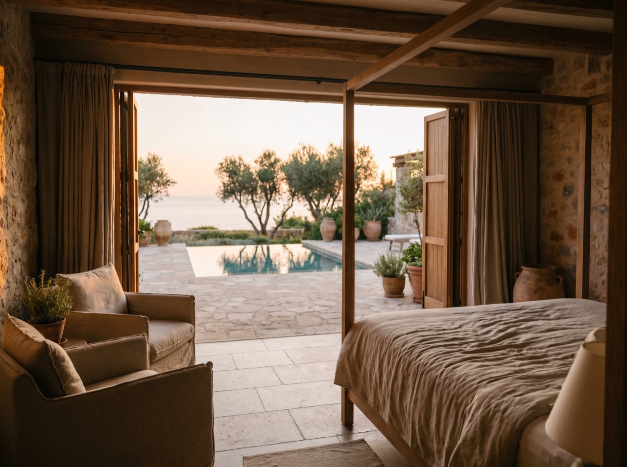A serene resort suite opening onto a terrace at golden hour