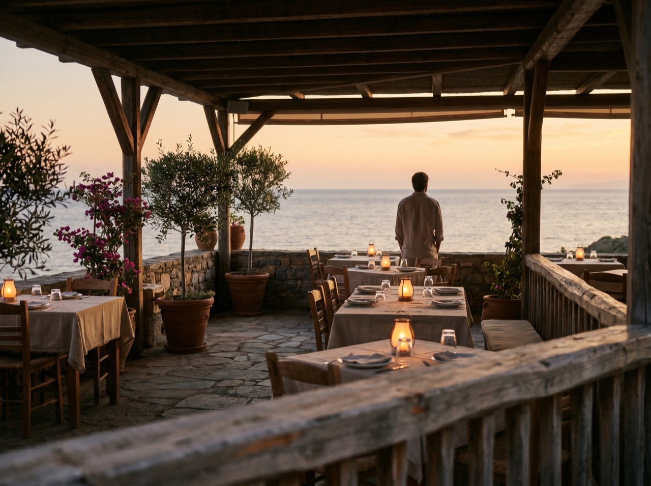 A resort restaurant terrace set for dinner in warm light