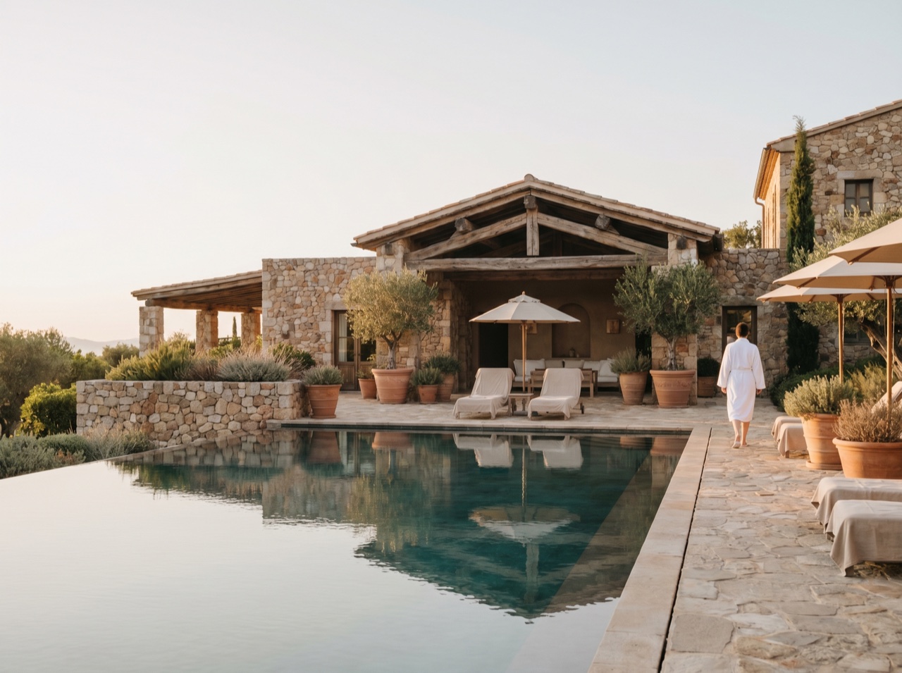 A resort spa and pool in calm, soft daylight