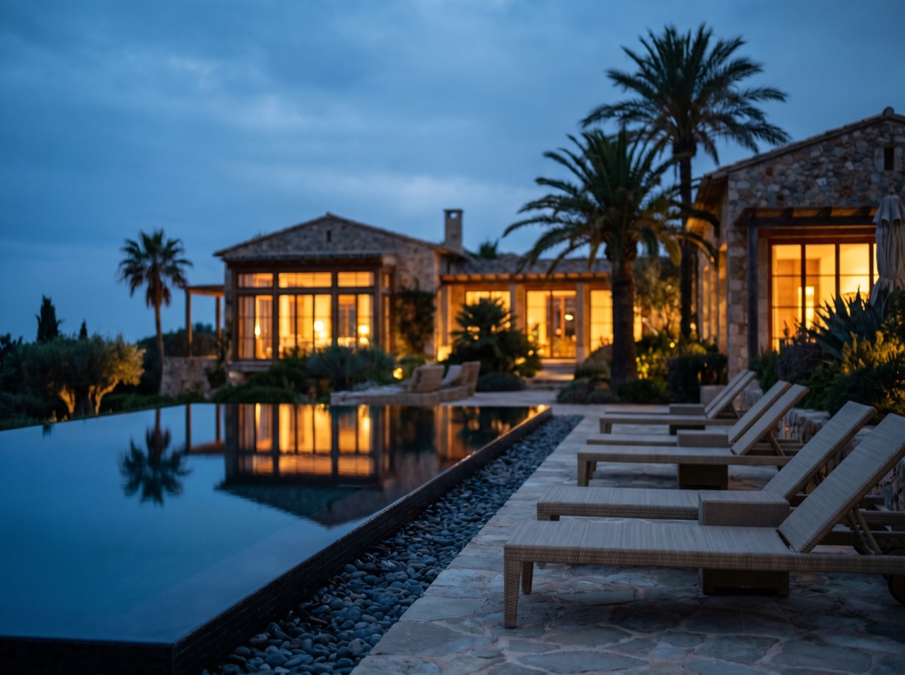 A resort exterior at blue-hour dusk, warm lights glowing