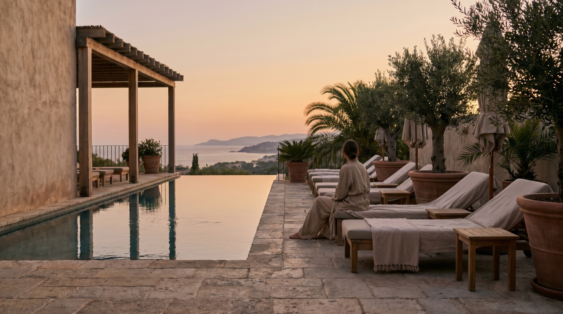 A luxury resort pool terrace in warm afternoon light