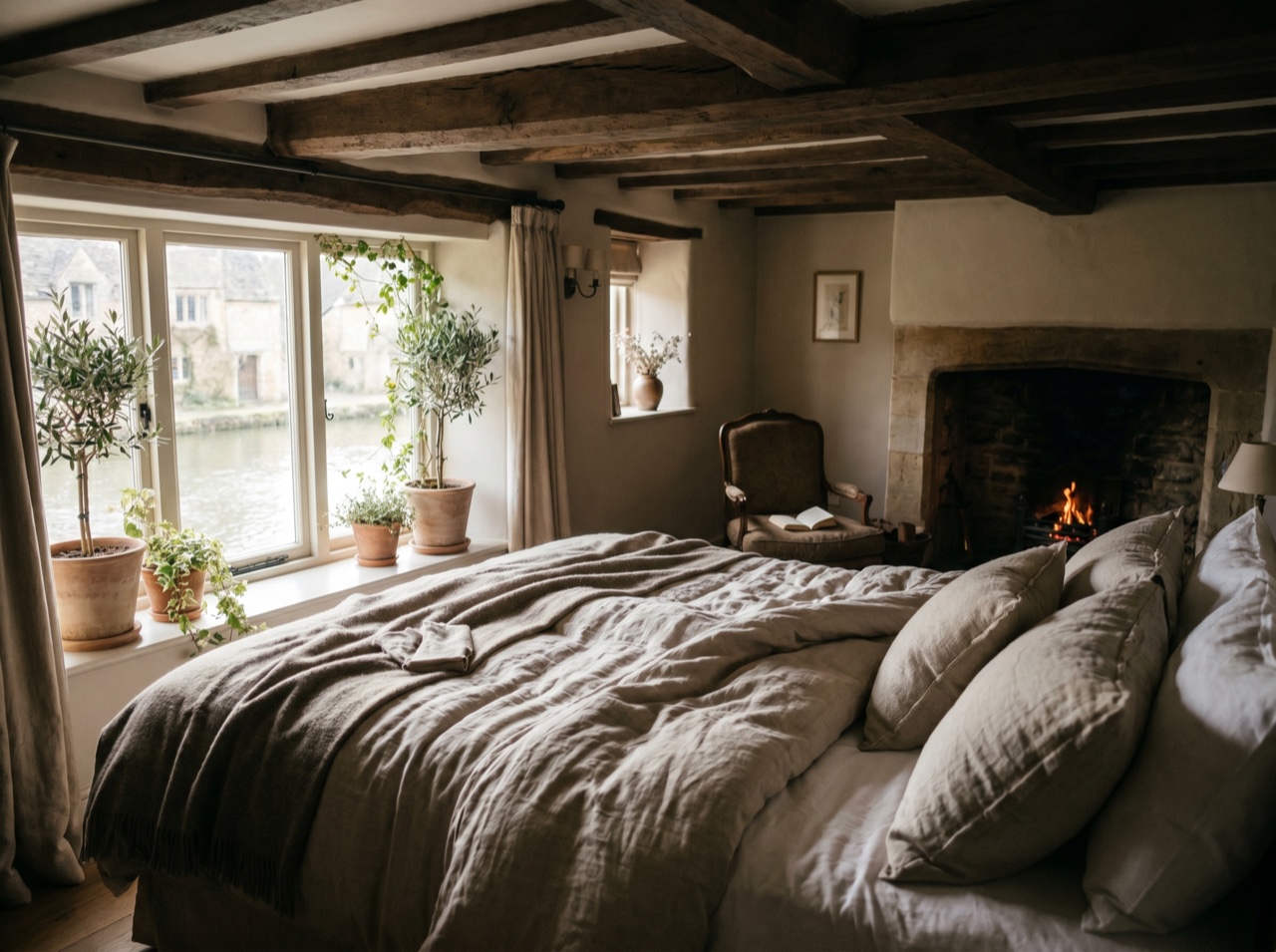 A cosy inn bedroom with warm linens in morning light