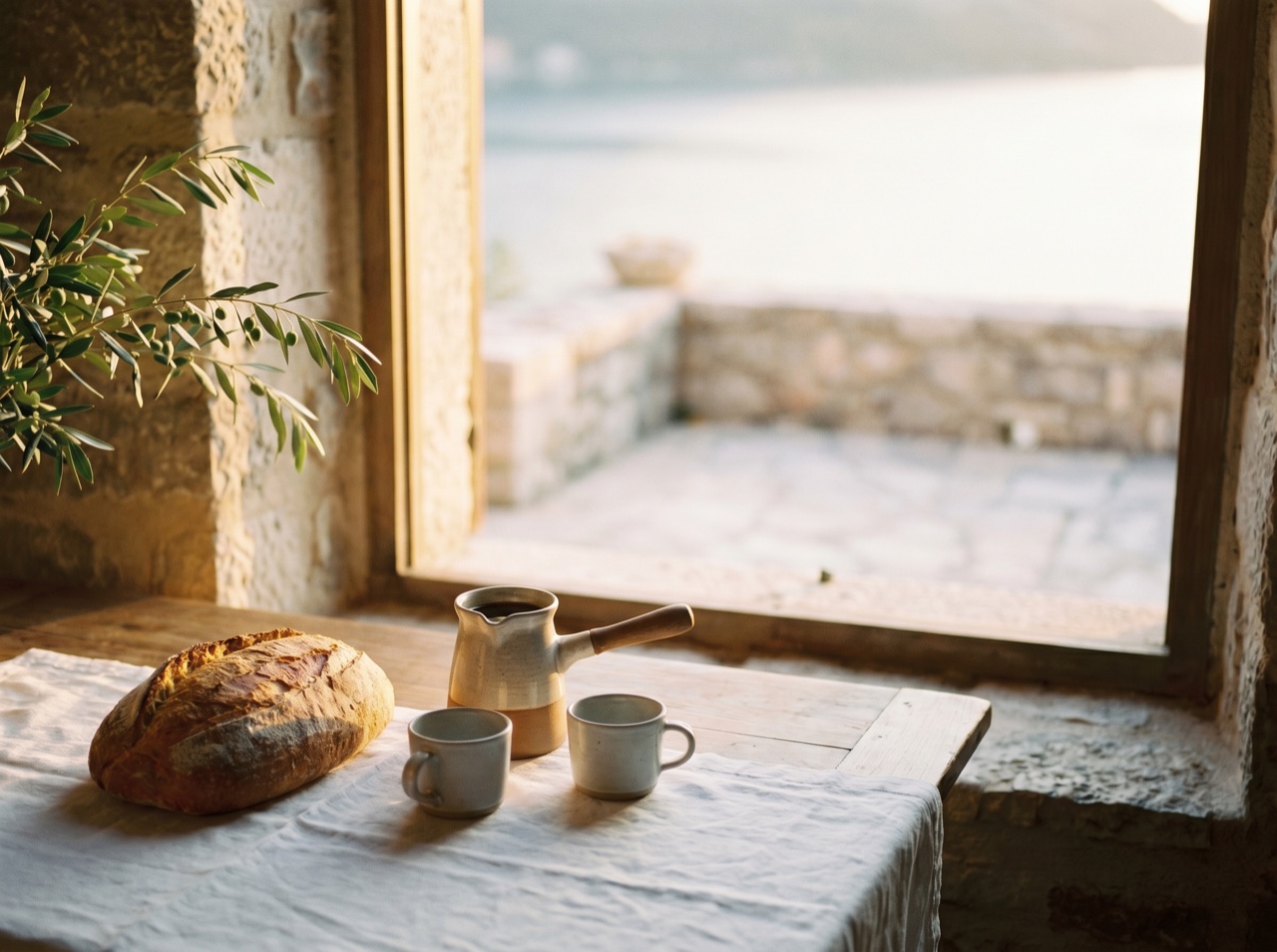 A breakfast table by a sunlit window in a country inn