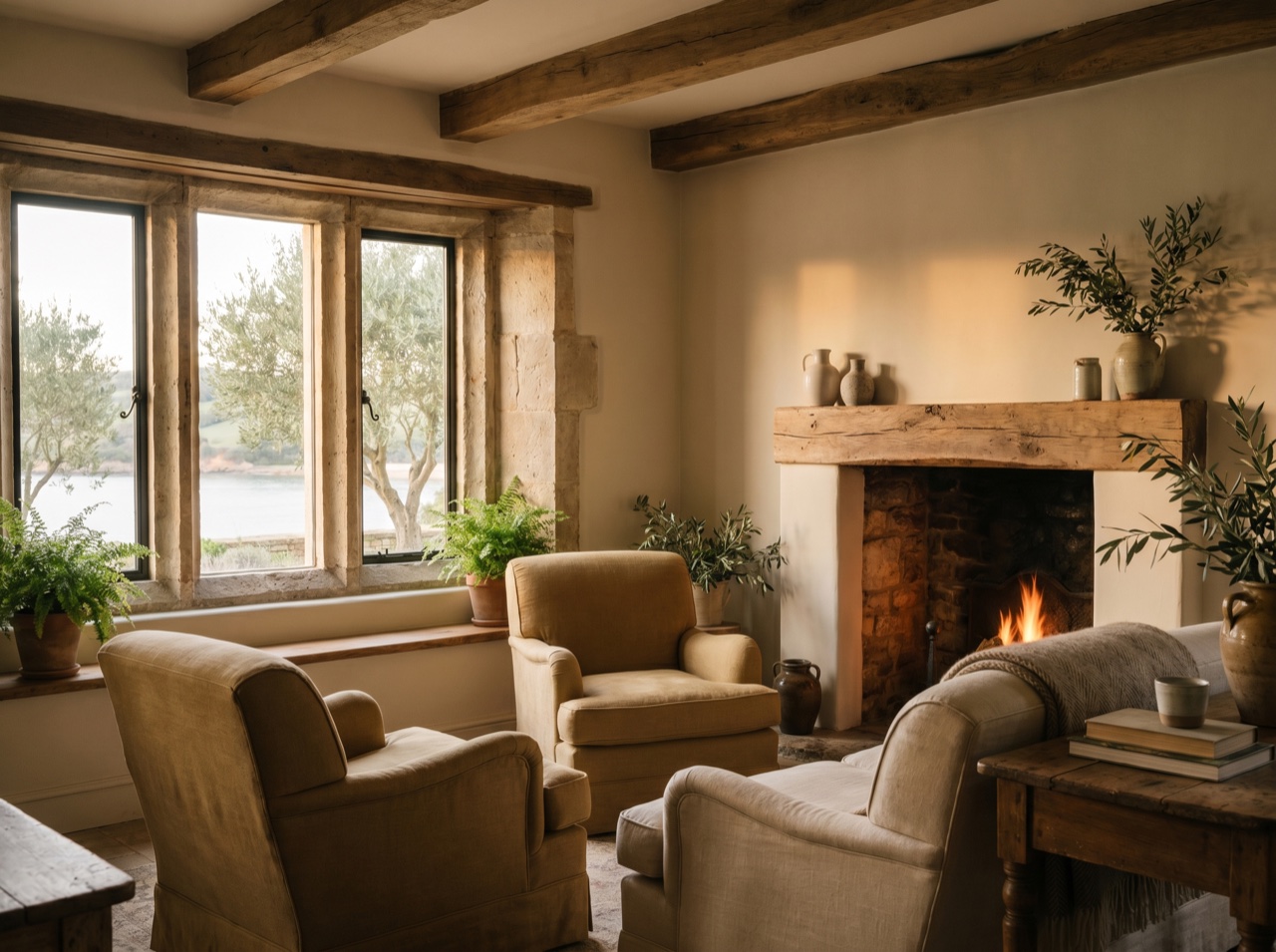 A warm inn sitting room with a fireplace and soft light
