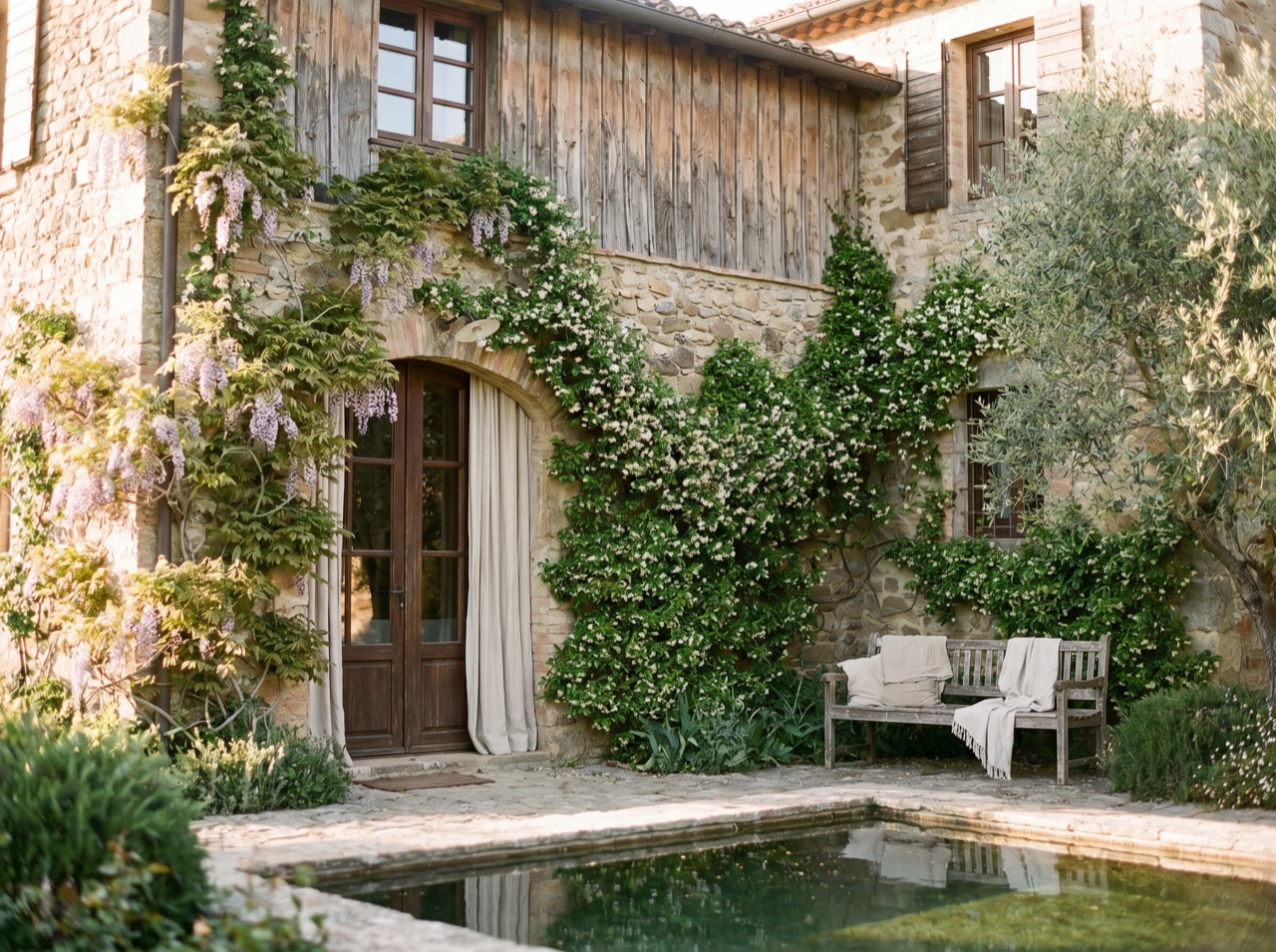 A country inn exterior in soft golden light