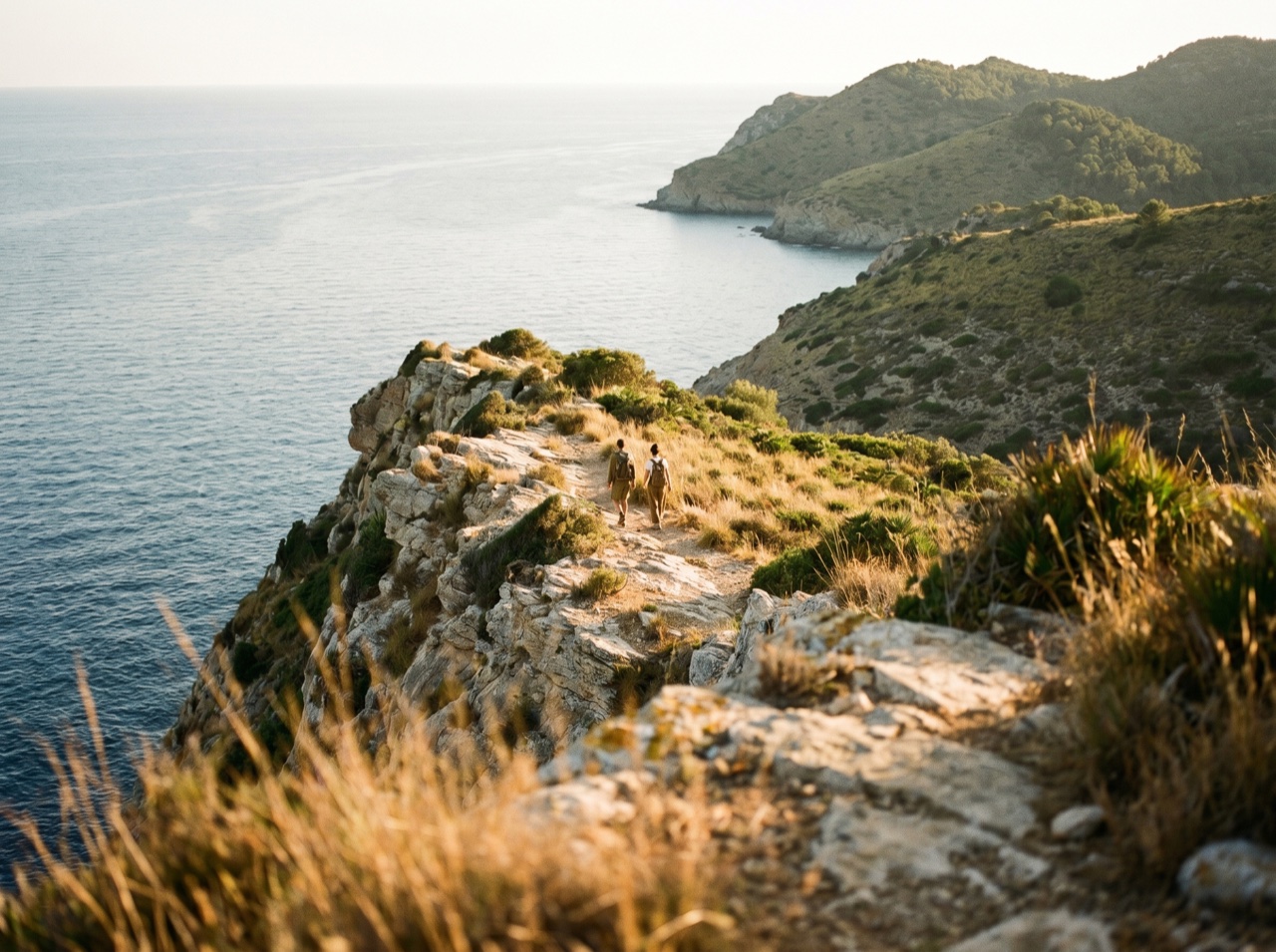 A guided group taking in a coastal view at golden hour