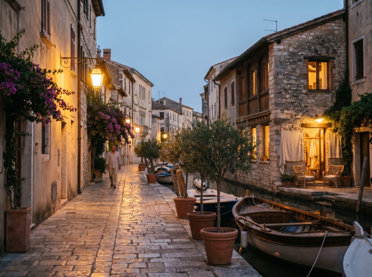 An evocative street scene in a destination at dusk