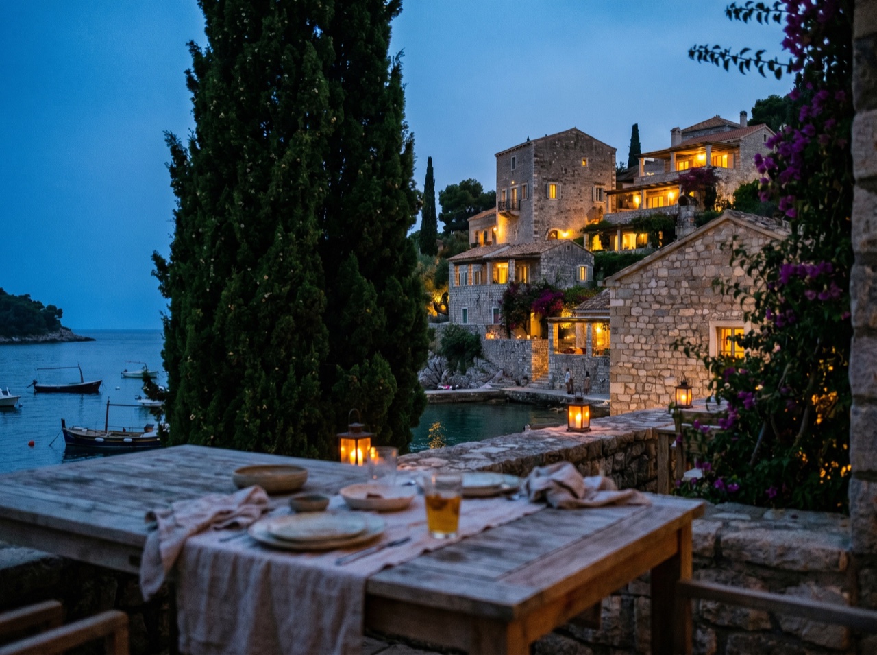 A destination skyline at blue-hour dusk, warm lights