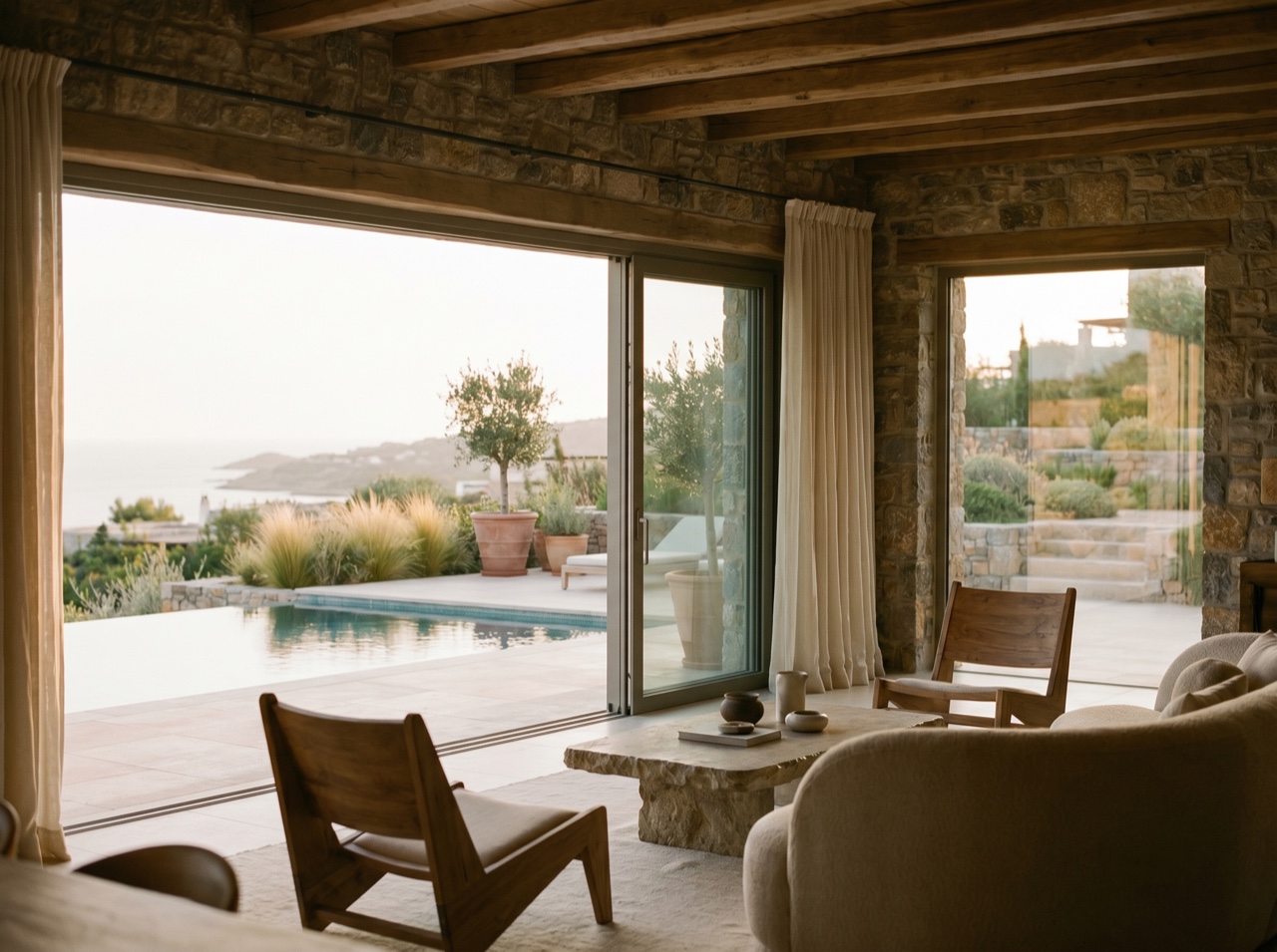 A villa living space opening to a pool at golden hour