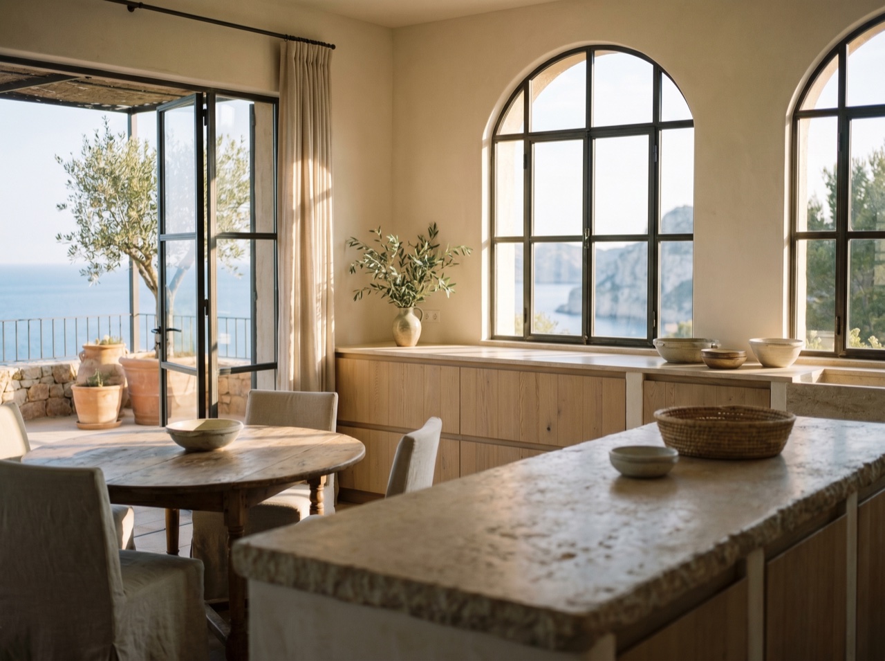 A villa kitchen and dining space in warm light