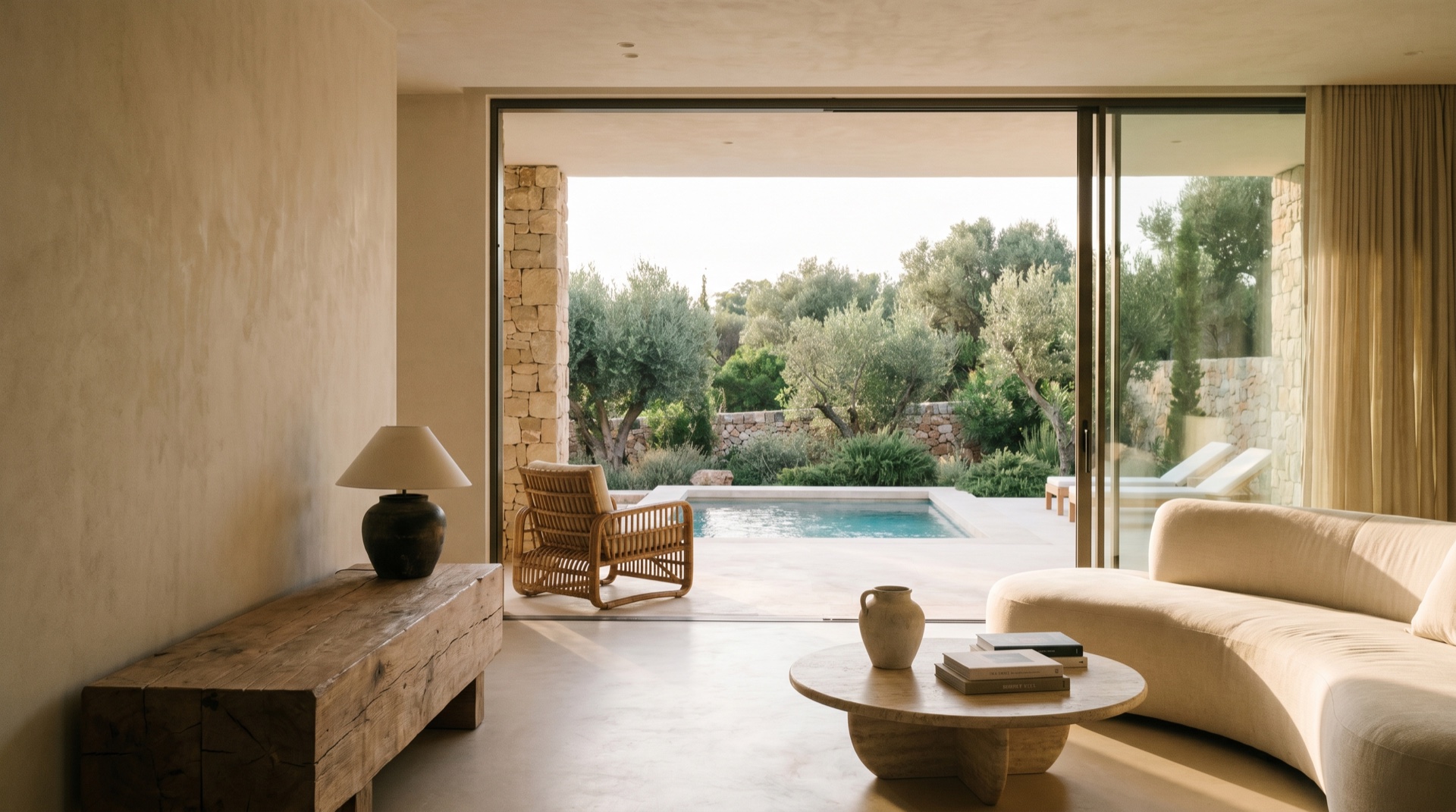 A private villa interior opening to a garden, calm and serene