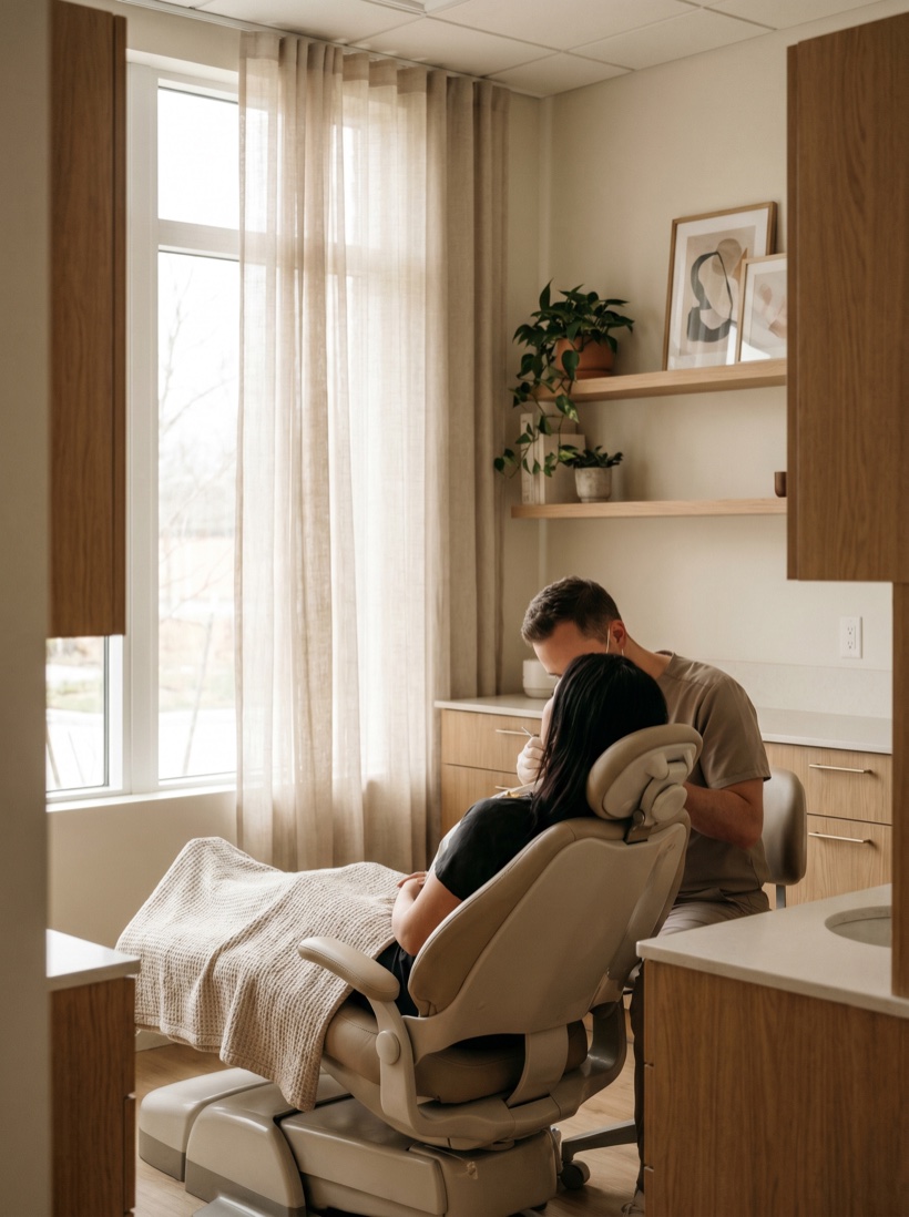 A calm, warm modern dental treatment room in soft daylight, reassuring and uncluttered