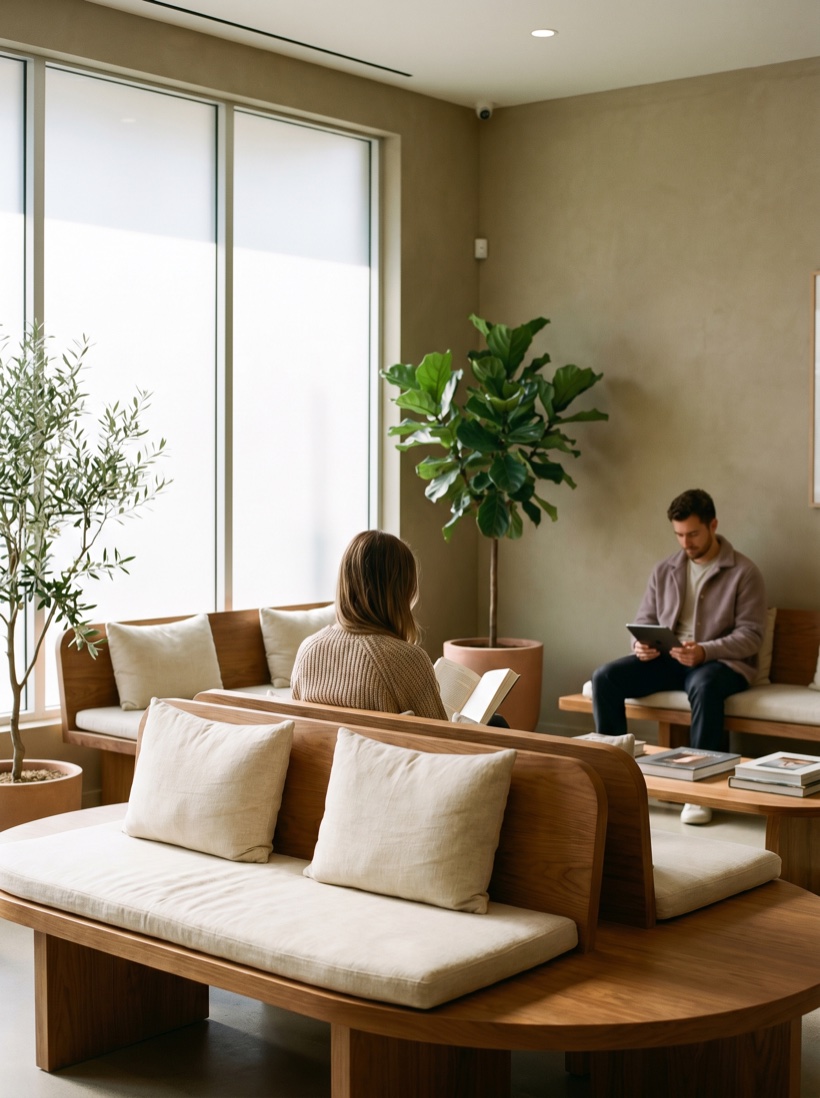 A light-filled, calm clinic waiting area with warm wood and soft daylight, reassuring