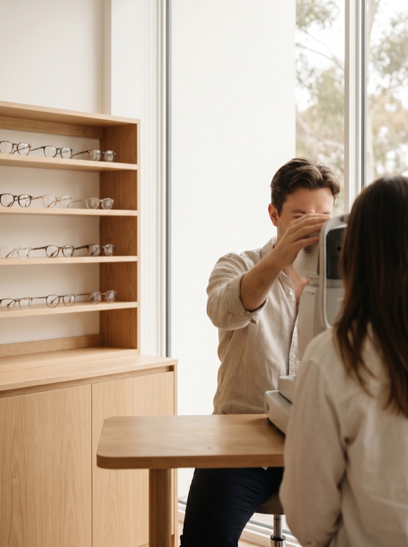 A clean, modern optometry practice with eyewear display in soft daylight, precise and calm